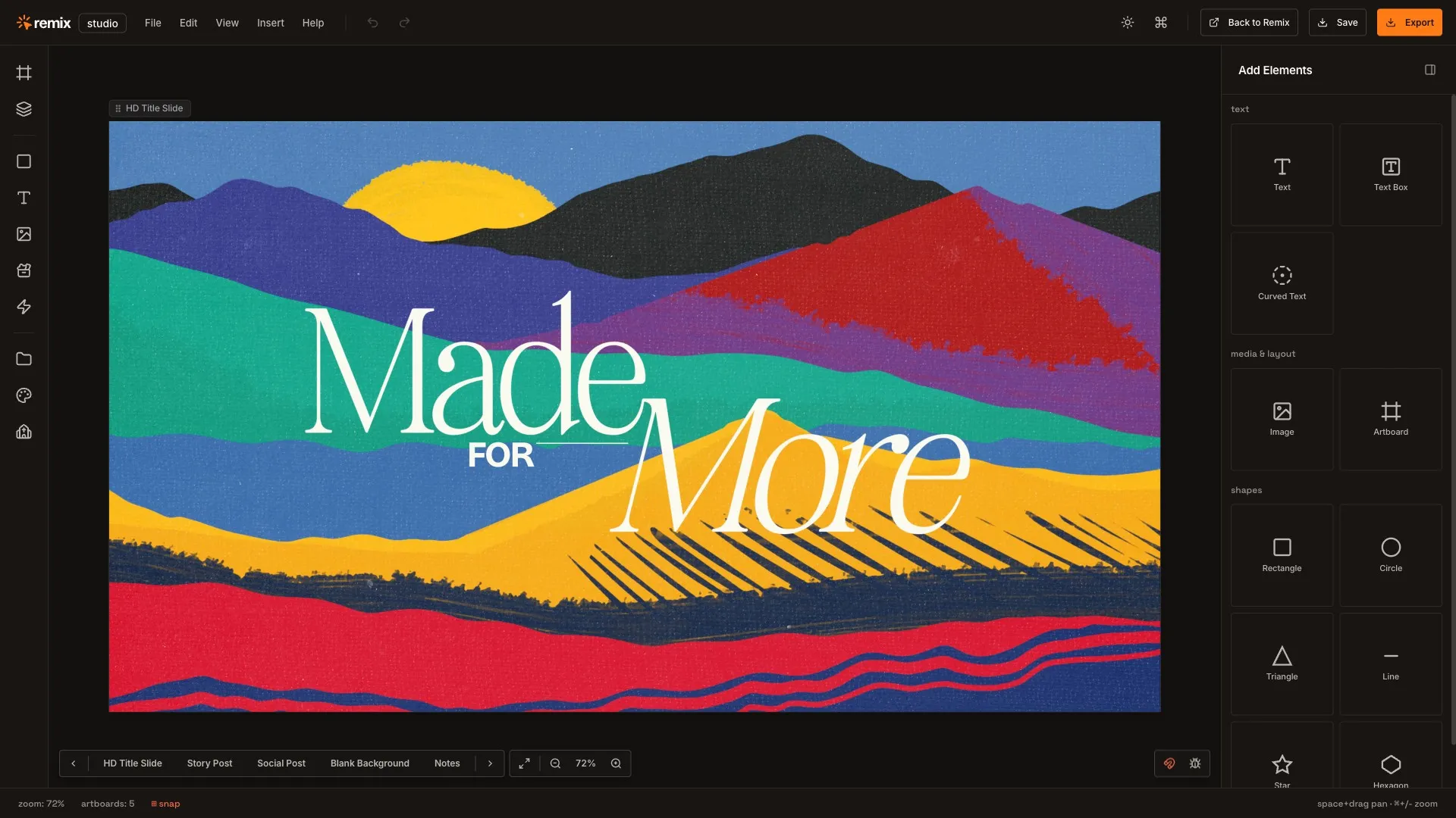 The Remix Studio editor with a Made for More sermon slide on the canvas