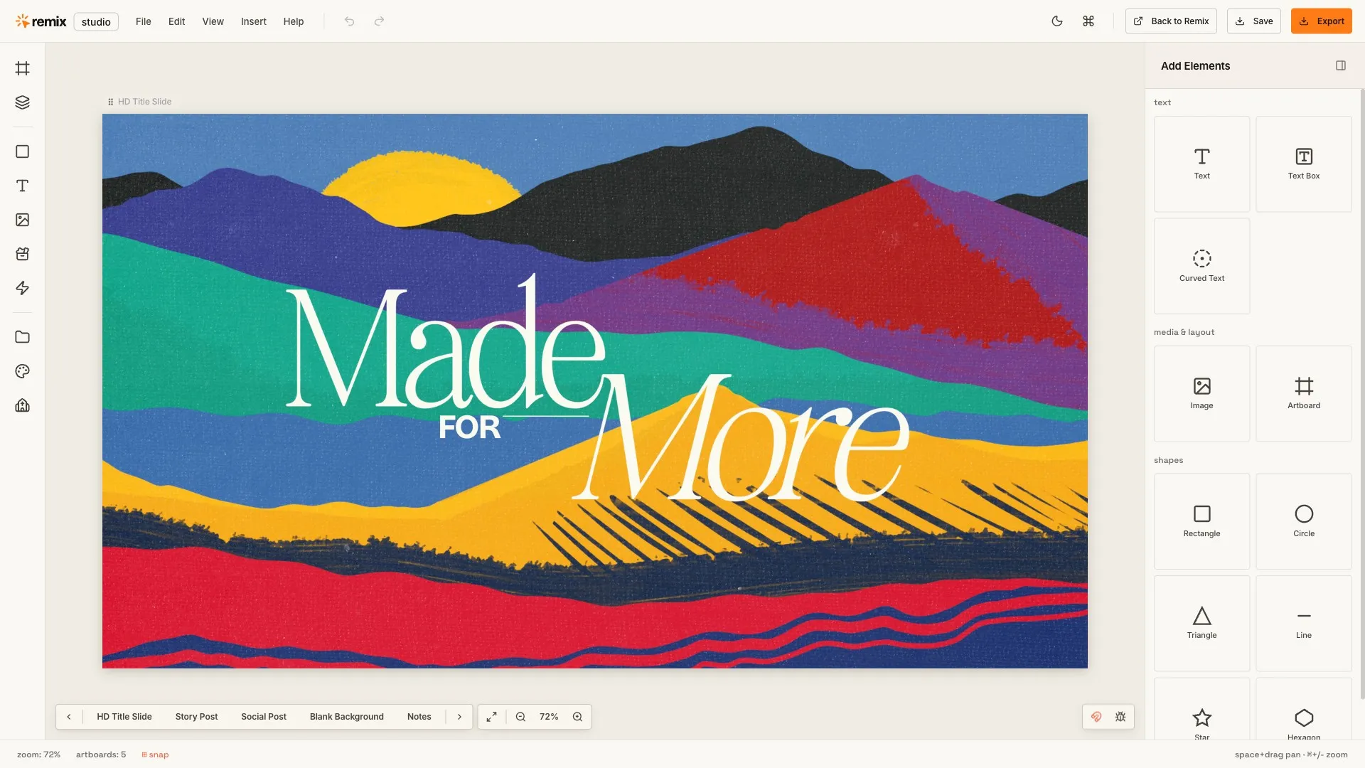 The Remix Studio editor with a Made for More sermon slide on the canvas