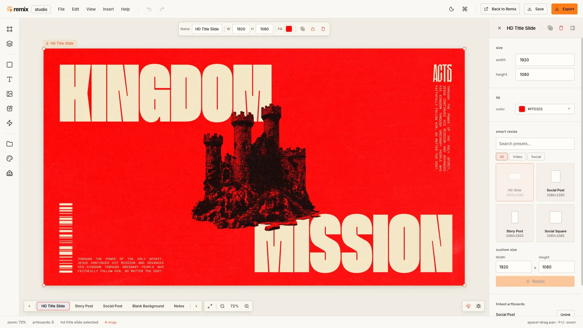 The full Remix Studio editor: menu across the top, panels on the left and right, the canvas in the middle