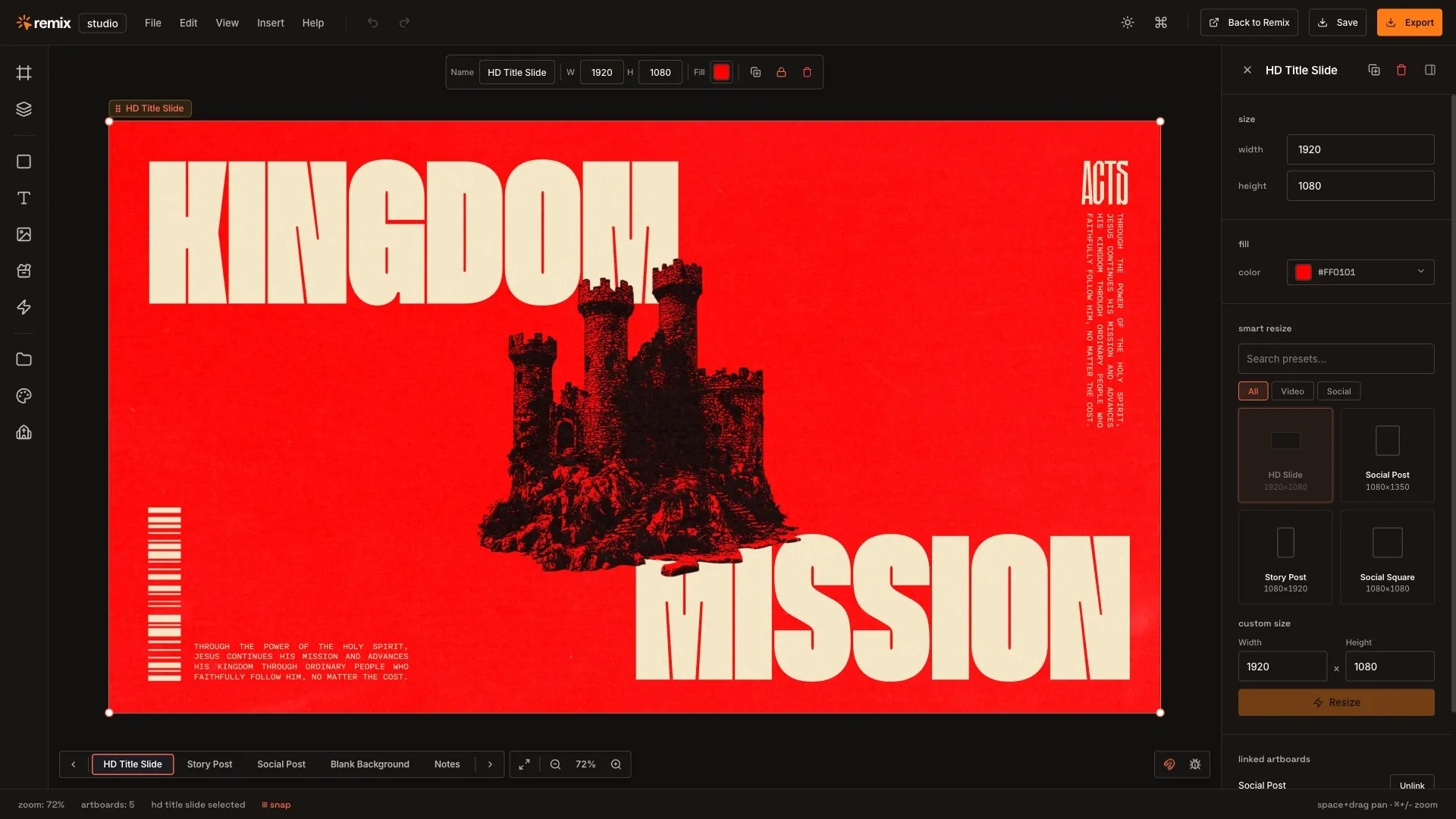 The full Remix Studio editor: menu across the top, panels on the left and right, the canvas in the middle