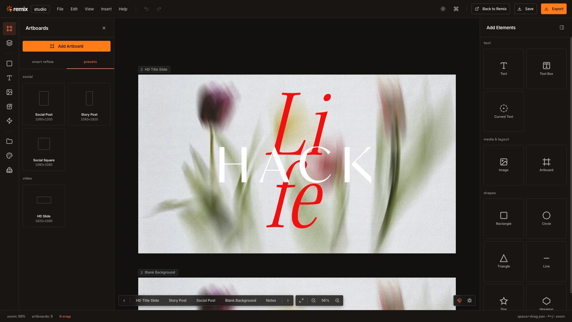 A Life Hack sermon slide open on the Remix Studio canvas, ready to edit