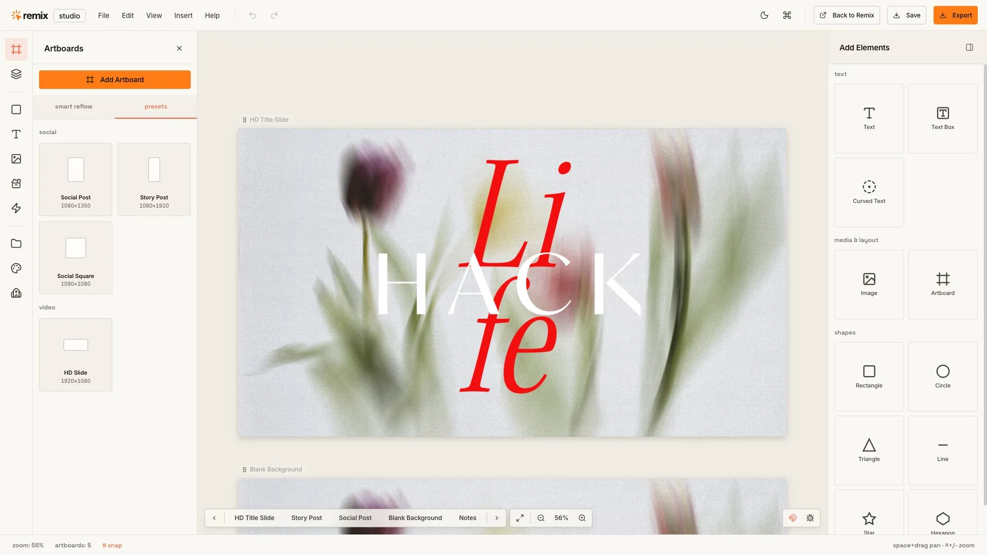A Life Hack sermon slide open on the Remix Studio canvas, ready to edit