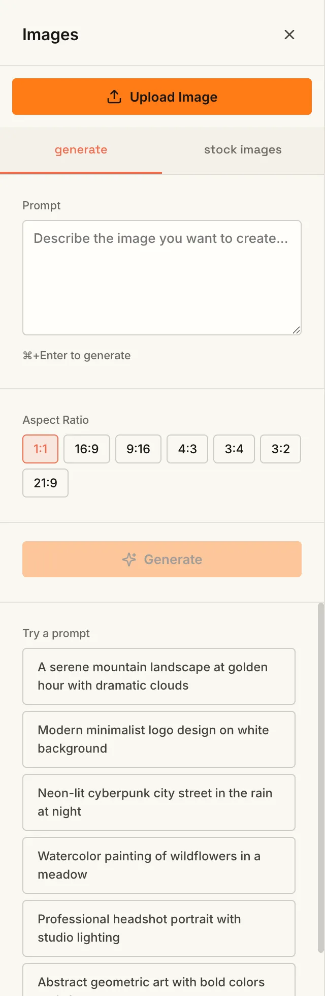 The AI image generation panel with a prompt box and aspect ratios