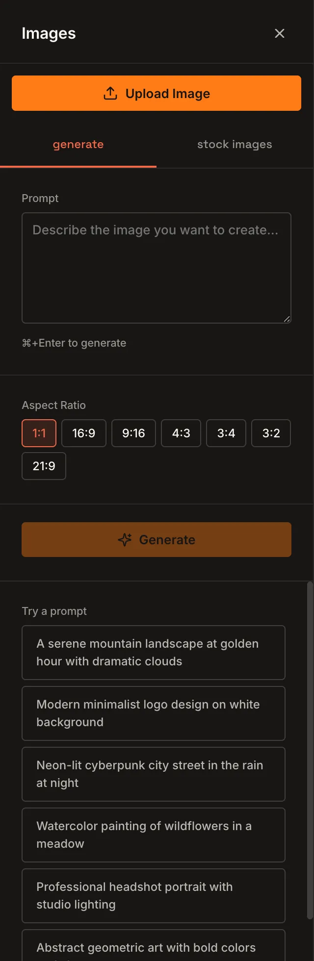 The AI image generation panel with a prompt box and aspect ratios