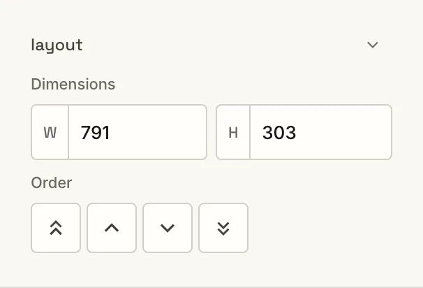 Layout controls: width, height, and stacking order