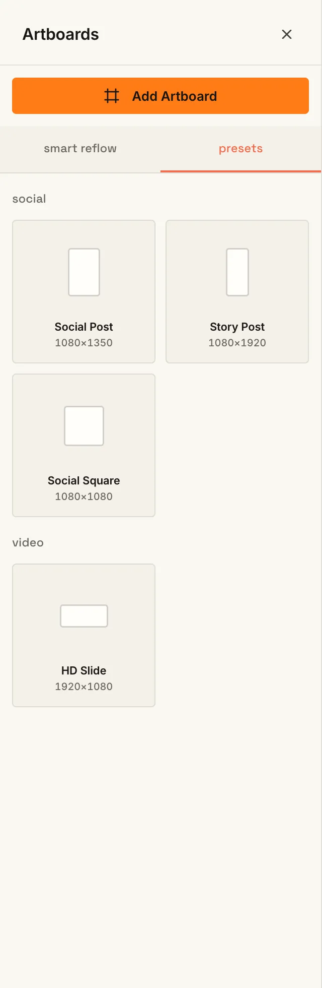 The Artboards panel with Social, Story, Square, and HD Slide presets