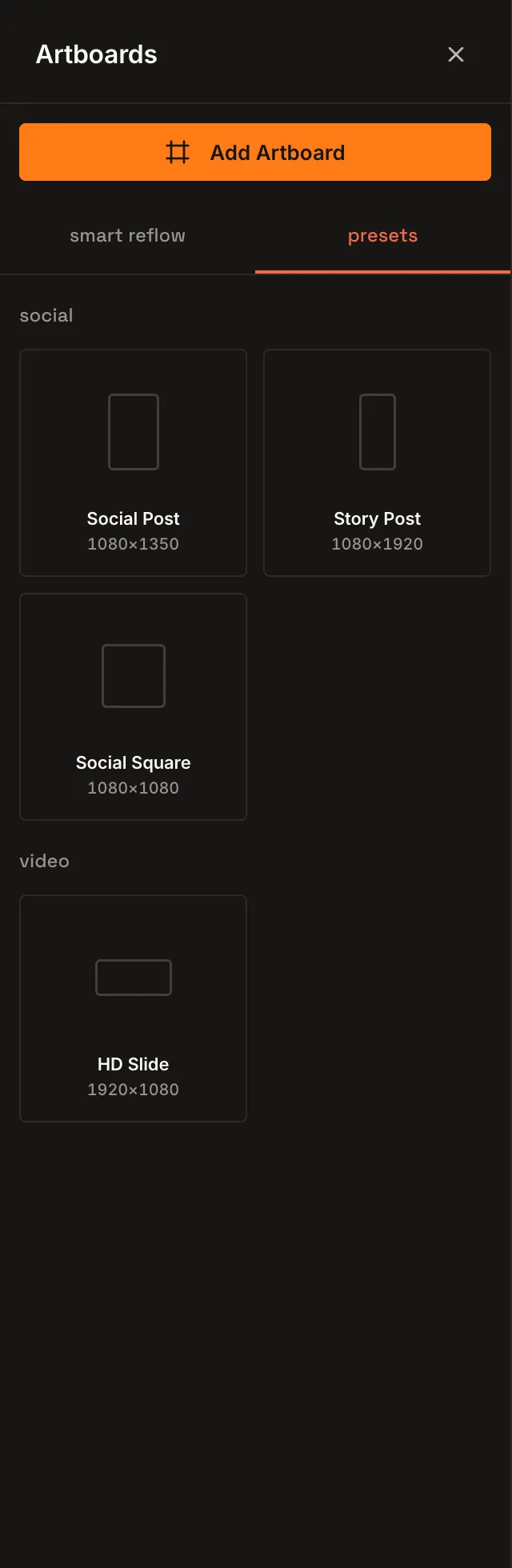 The Artboards panel with Social, Story, Square, and HD Slide presets
