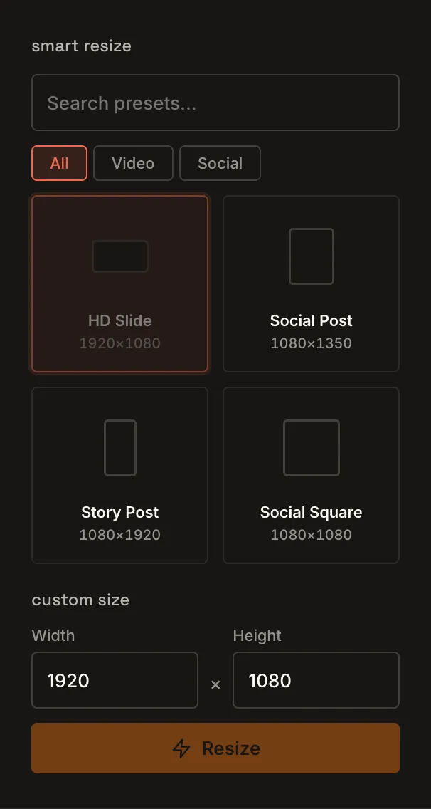 Smart Resize in the Properties panel, with presets and a custom size