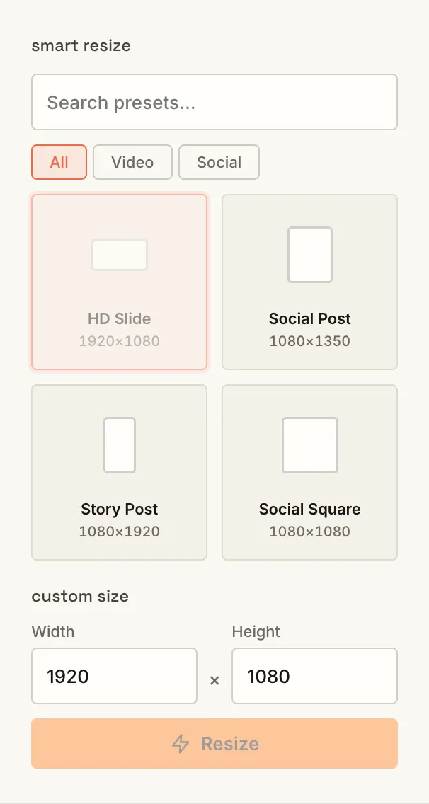 Smart Resize in the Properties panel, with presets and a custom size