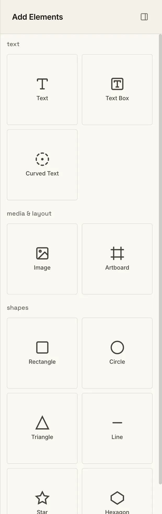 The Add Elements panel: text, image, artboard, and shapes