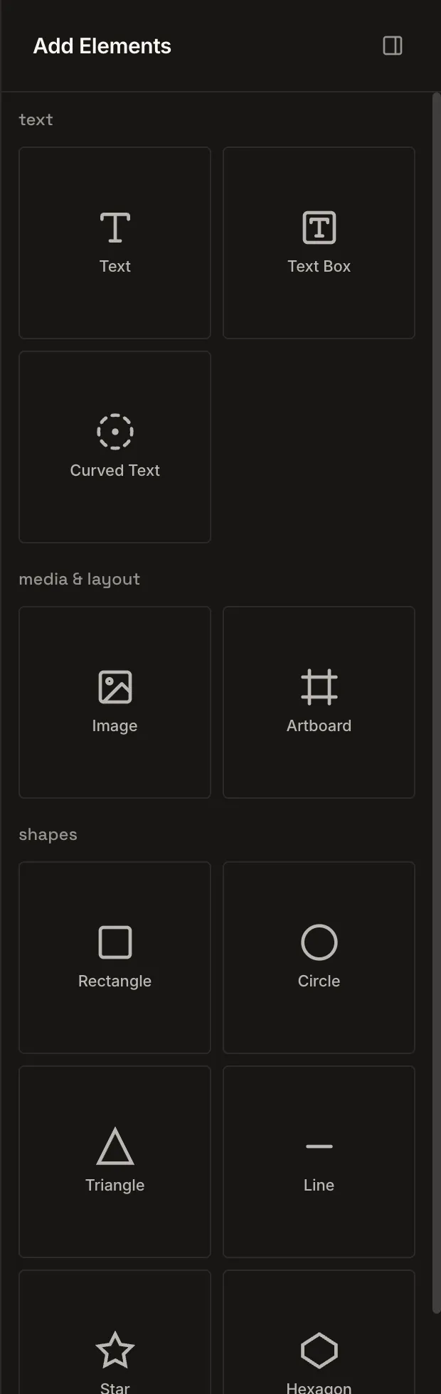 The Add Elements panel: text, image, artboard, and shapes