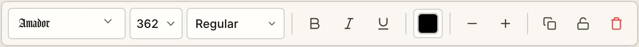 The floating toolbar for text: font, size, weight, and color