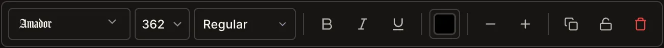 The floating toolbar for text: font, size, weight, and color