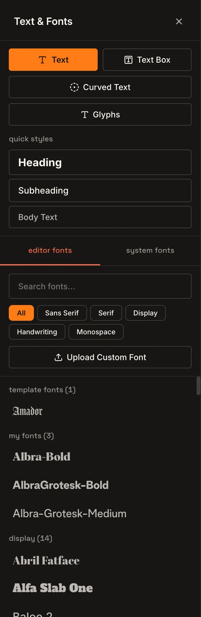 The Text & Fonts panel with Quick Styles and font filters