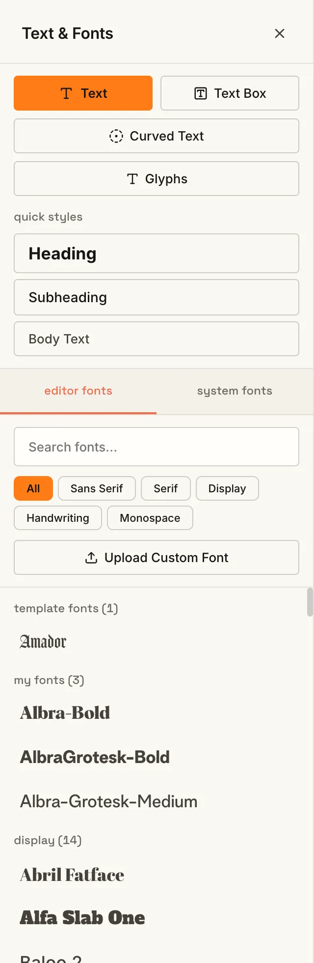 The Text & Fonts panel with Quick Styles and font filters