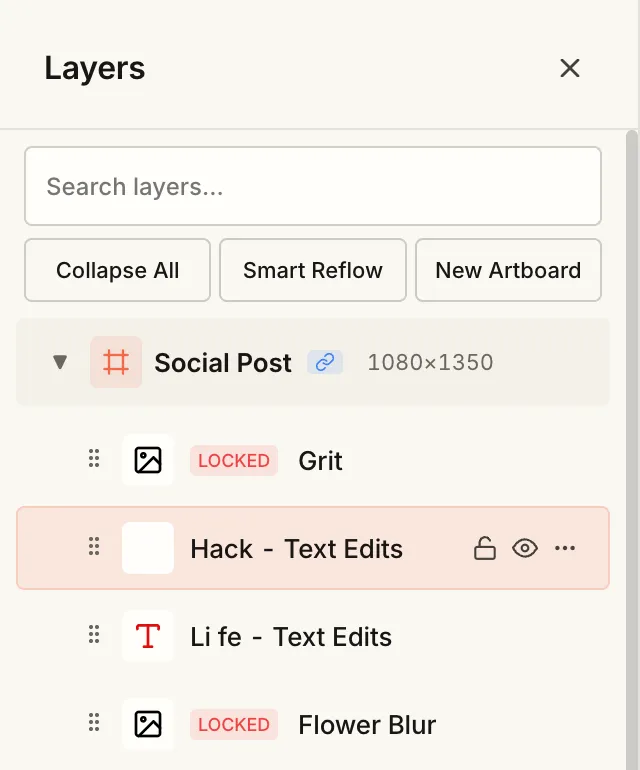 The Layers panel for a Life Hack social post, with a text layer selected
