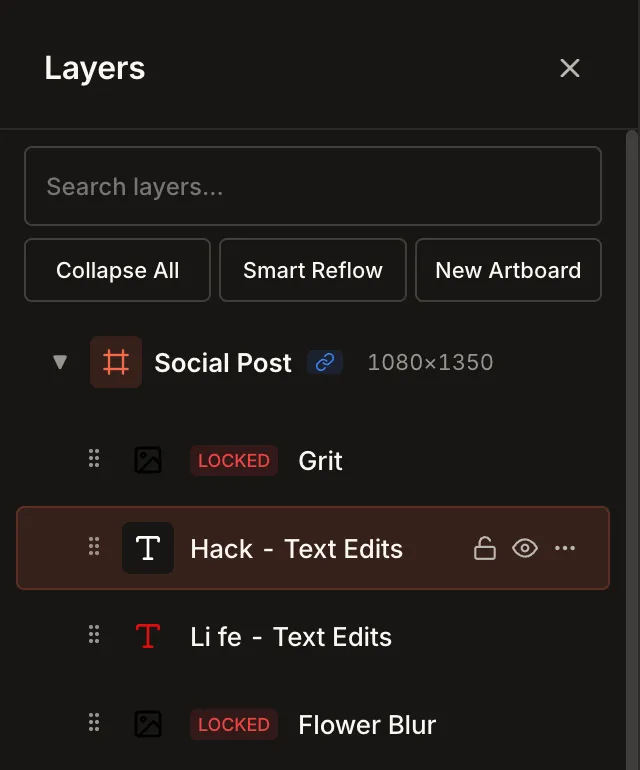 The Layers panel for a Life Hack social post, with a text layer selected