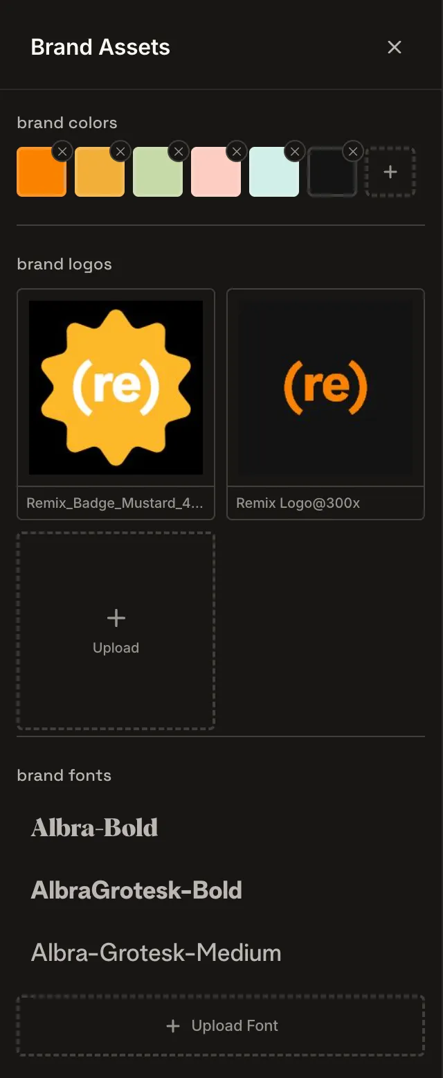 The Brand Assets panel with brand colors, logos, and fonts