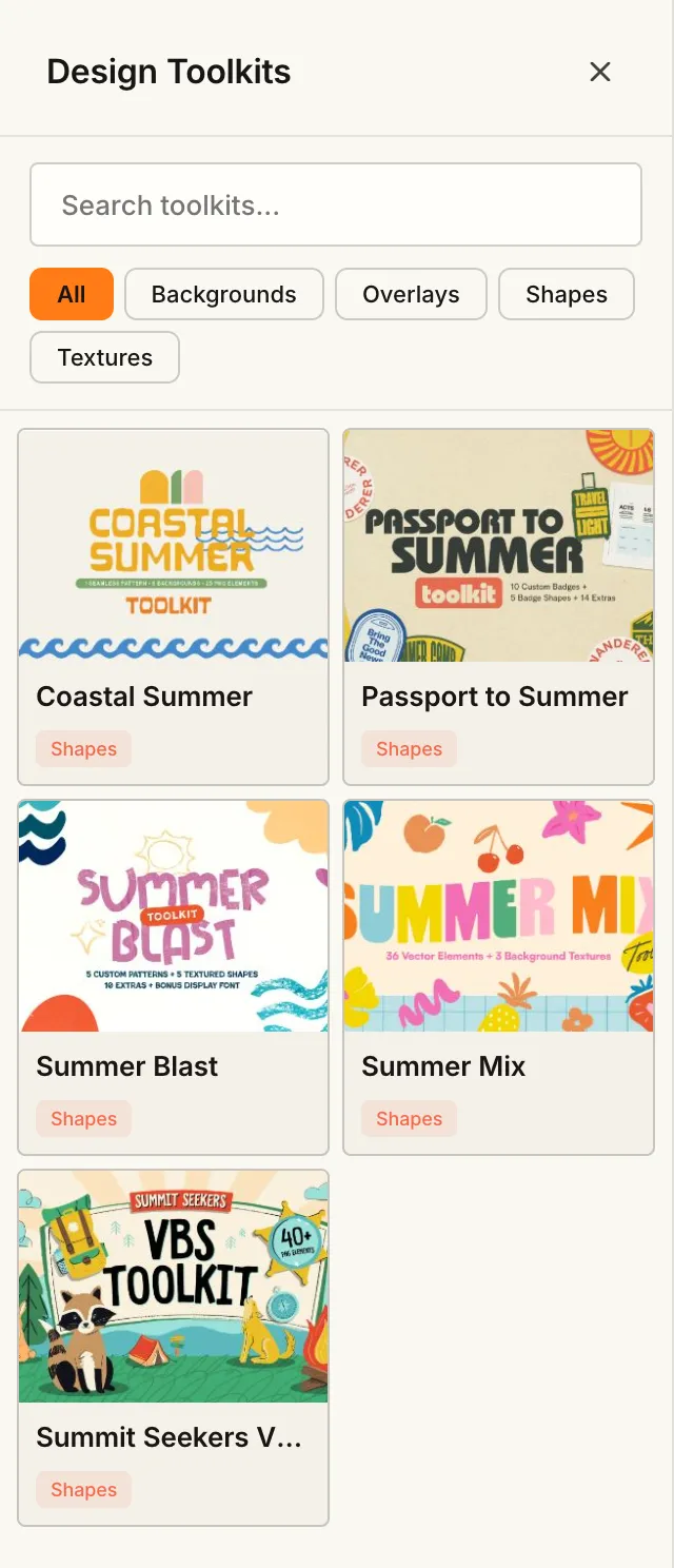 The Design Toolkits panel