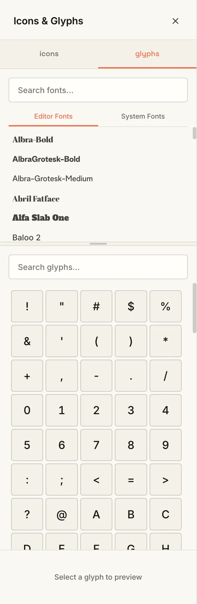 The Icons & Glyphs panel