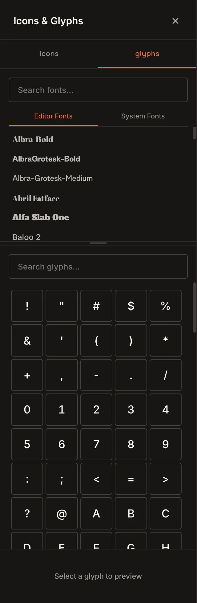The Icons & Glyphs panel