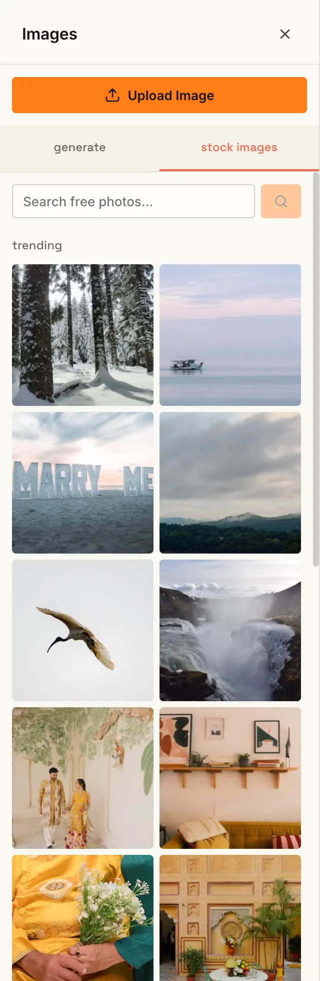 The Stock Images panel with Pexels photos