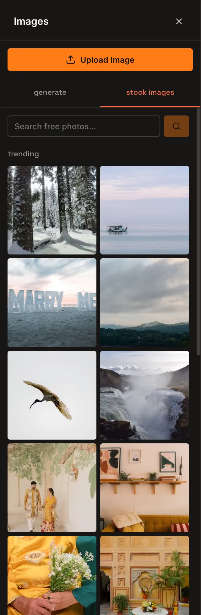 The Stock Images panel with Pexels photos