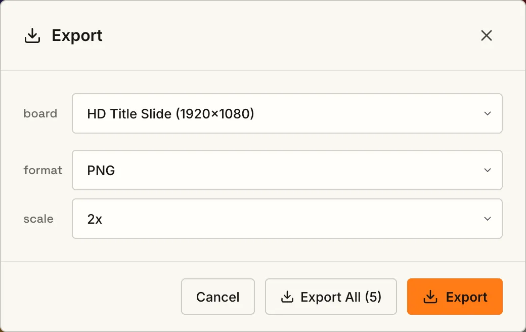 The Export dialog: board, format, and scale, with Export All