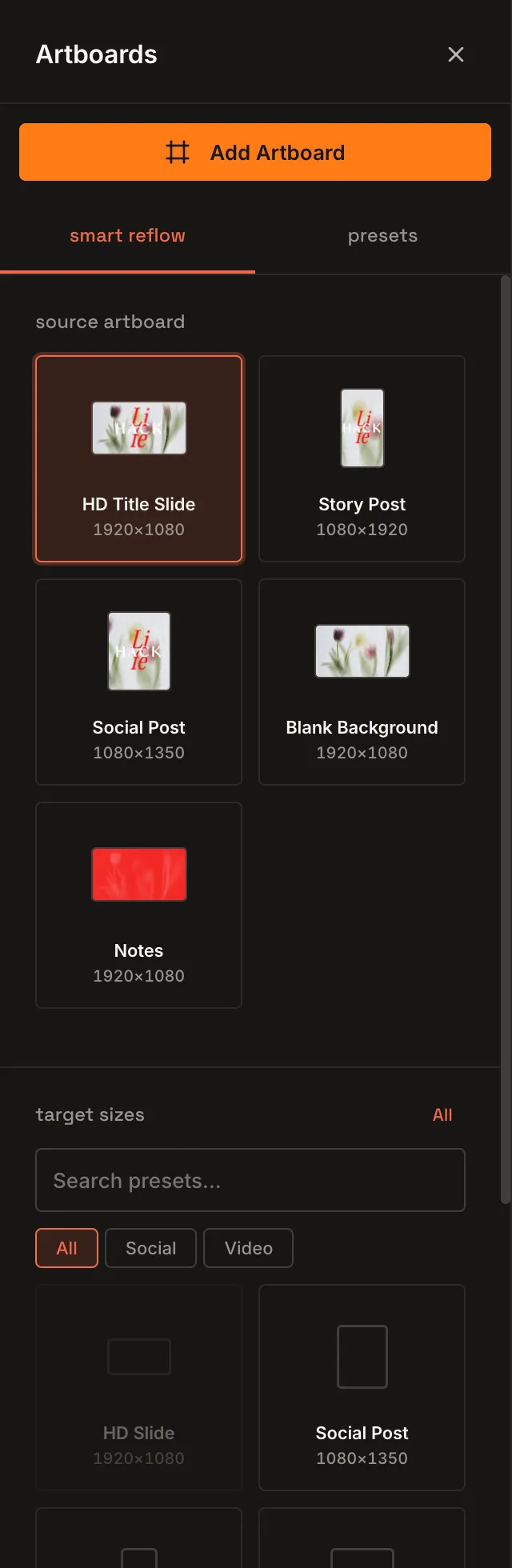 The Smart Reflow tab: a source artboard and the target sizes