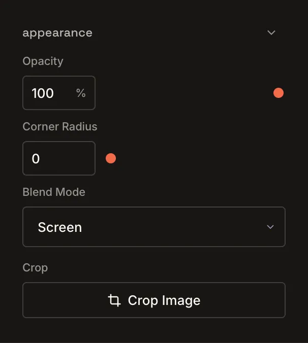 Appearance controls: opacity, corner radius, and blend mode