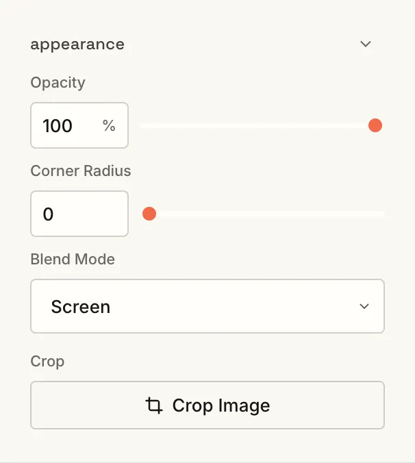 Appearance controls: opacity, corner radius, and blend mode