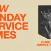 sunday service New Sunday service times announced with raised hands in worship, inviting community and faith engagement.