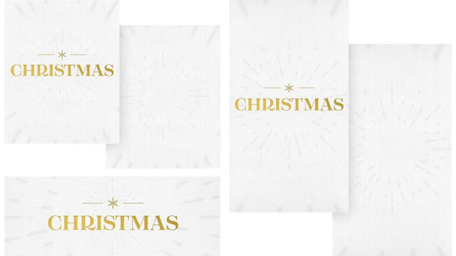 Golden "CHRISTMAS" text on a white background, surrounded by radiant rays, symbolizing joy and celebration of the season.