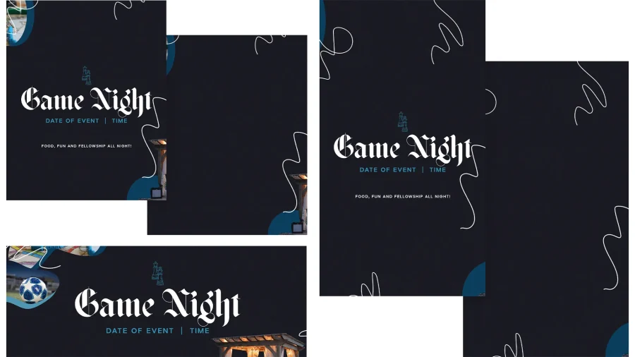 4317 - Game Night Social Graphics Game Night announcement featuring fellowship, fun, and community, inviting all to join for food and activities.