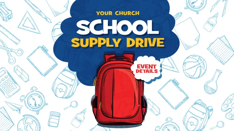 Red backpack surrounded by school supplies, promoting a church school supply drive, fostering community support and faith.