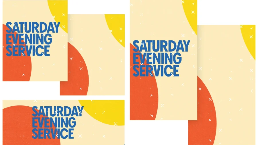 Bold text announces "Saturday Evening Service" with vibrant colors, inviting community worship and spiritual connection.