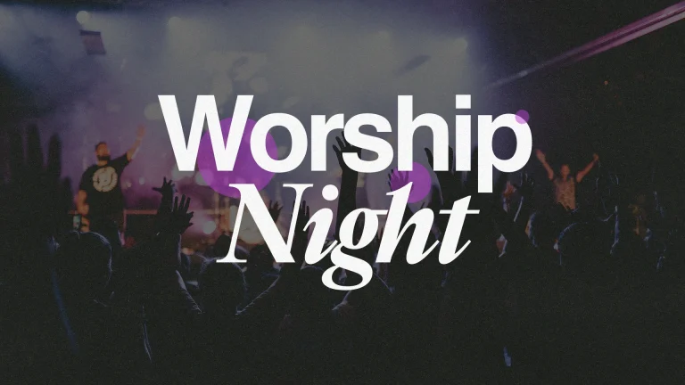 Worship Night text over a crowd with uplifted hands, vibrant stage lights in a church setting.