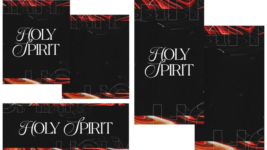 Holy Spirit text with dynamic red and black abstract background, symbolizing divine presence and energy.