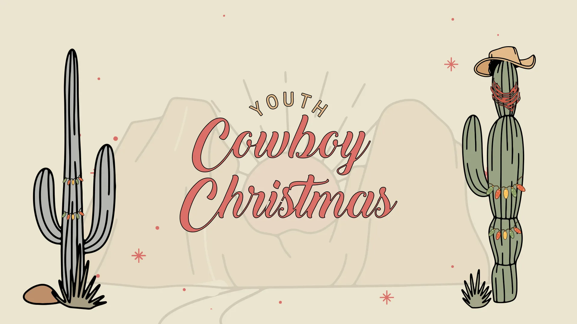 This whimsical "Youth Cowboy Christmas" event graphic is perfect for promoting a festive and fun holiday event for your church's youth group. The playful design featuring cacti and western elements will capture the attention and excitement of young attendees.