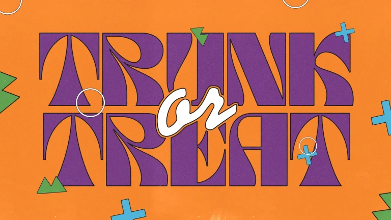 Colorful graphic featuring "Trunk or Treat" text, inviting community celebration and family-friendly church activities.