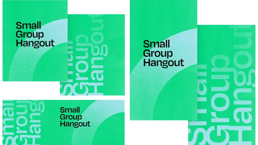 small group hangout Bright green cards promote a "Small Group Hangout," emphasizing community and fellowship in faith.