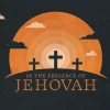6261 - Jehovah - HD Title Slide Reflect on divine majesty with the 'In the Presence of Jehovah' church media template. The serene sunset and crosses inspire a contemplative mood, ideal for worship and meditation on God's glory.