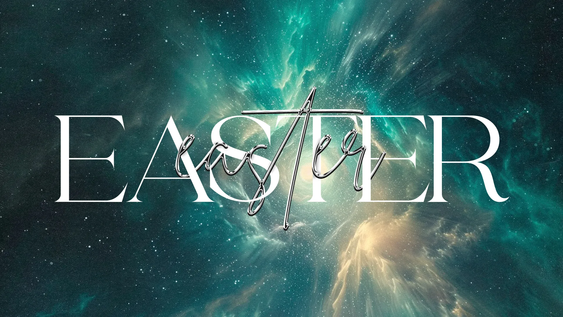 Elevate your Easter celebrations with this celestial-themed "Easter" graphic. The cosmic background inspires awe and reflects the grandeur of the resurrection story, making it a powerful choice for your church media.