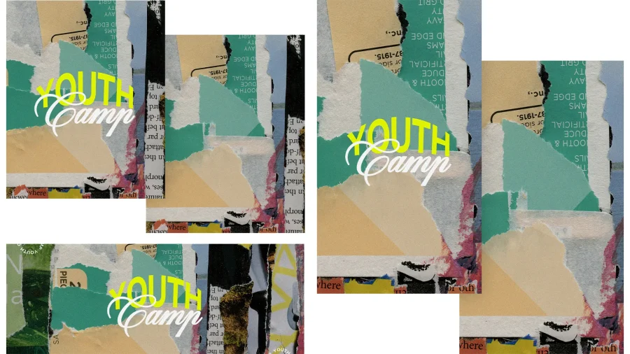 Colorful collage promoting "Youth Camp," emphasizing community, faith, and spiritual growth for young attendees.