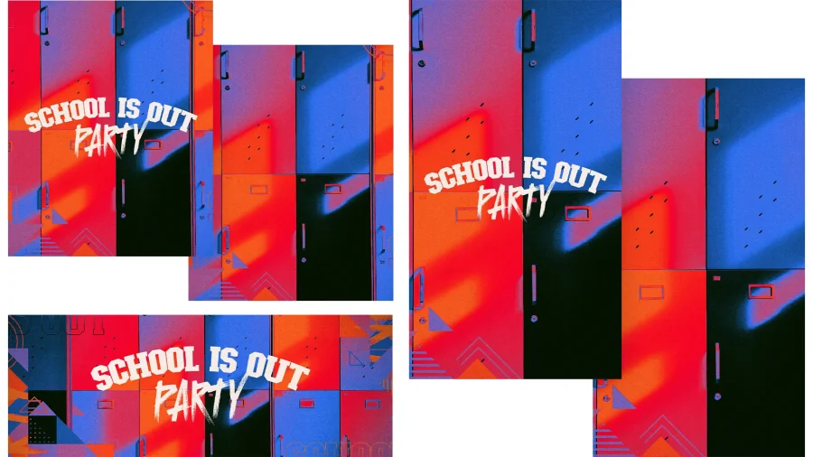 6342 school is out party social graphics Colorful lockers with bold text announcing a "School is Out Party," inviting community celebration and fellowship.