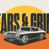 6572 - Gears And Grind - HD Title Slide Retro-style church media graphic featuring "Gears & Grind" text with classic muscle car illustration on yellow and orange background