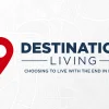 6573 - Destination Living - HD Title Slide Professional church media graphic for "Destination Living" sermon series featuring a red location pin icon and blue text on a white map background