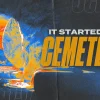 6580 - It Started In A Cemetery - HD Title Slide Experimental church media graphic showing an open tomb with distant crosses, featuring the text "It Started in a Cemetery" in bold yellow letters against a blue and orange background.