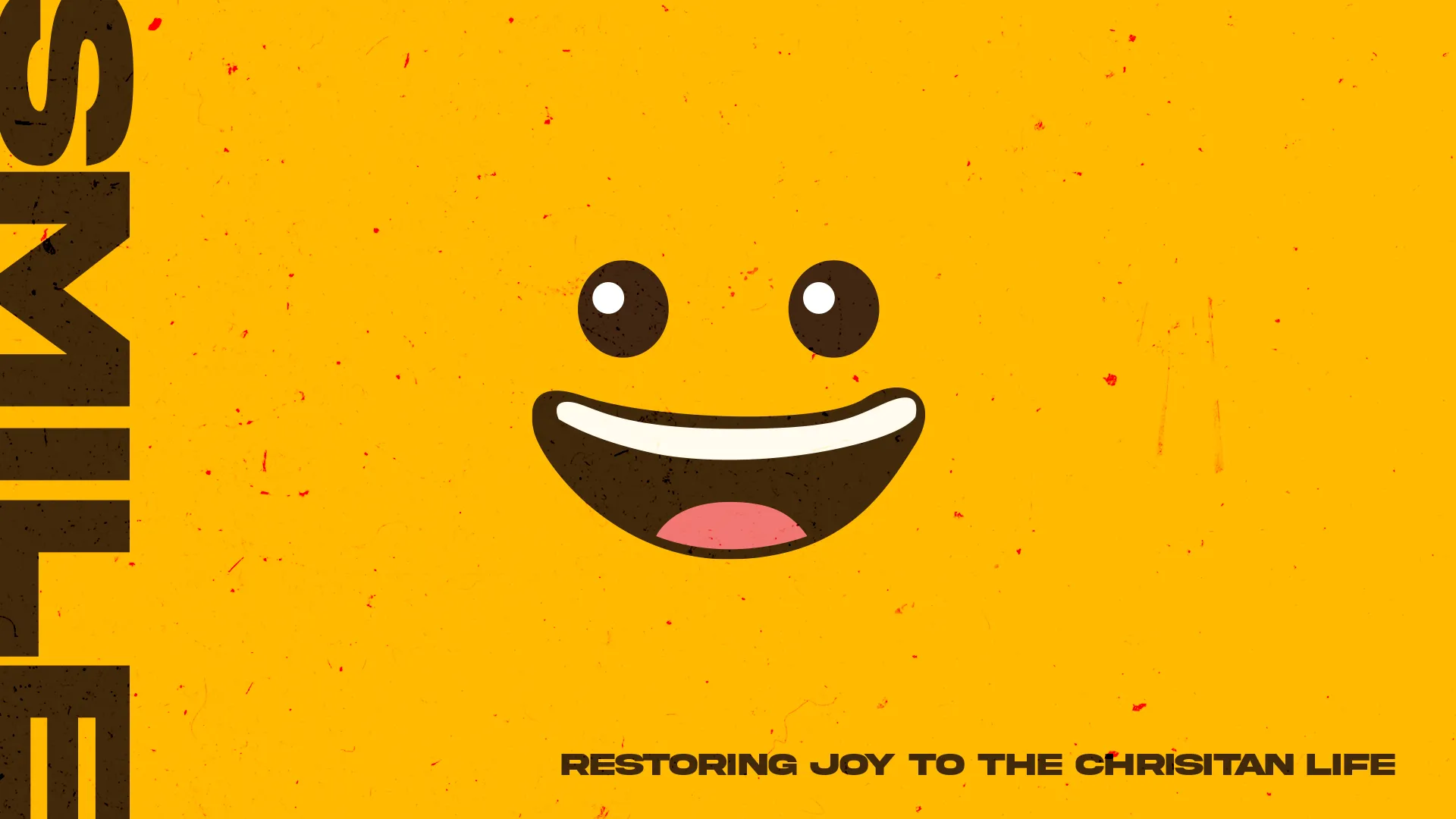 Minimalist church media graphic with a large smiley face on a bright yellow background, with text about restoring joy to Christian life