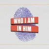 6651 - Who I Am In Him - HD Title Slide Professional church media graphic with text "WHO I AM IN HIM" on red banner over purple fingerprint, emphasizing Christian identity.